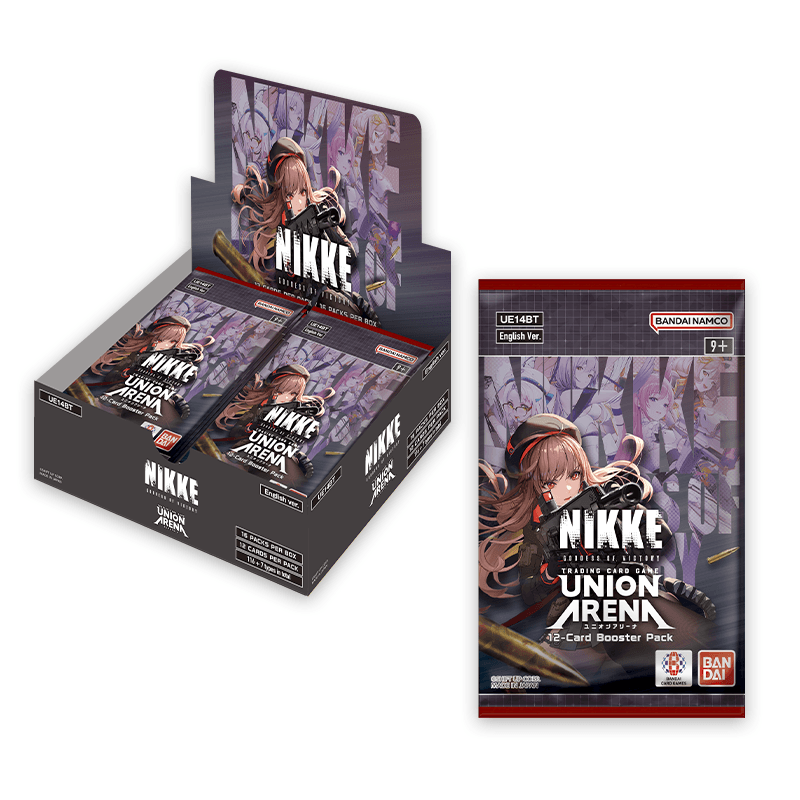 Official Bandai product photo of the UNION ARENA GODDESS OF VICTORY: NIKKE sealed booster display box