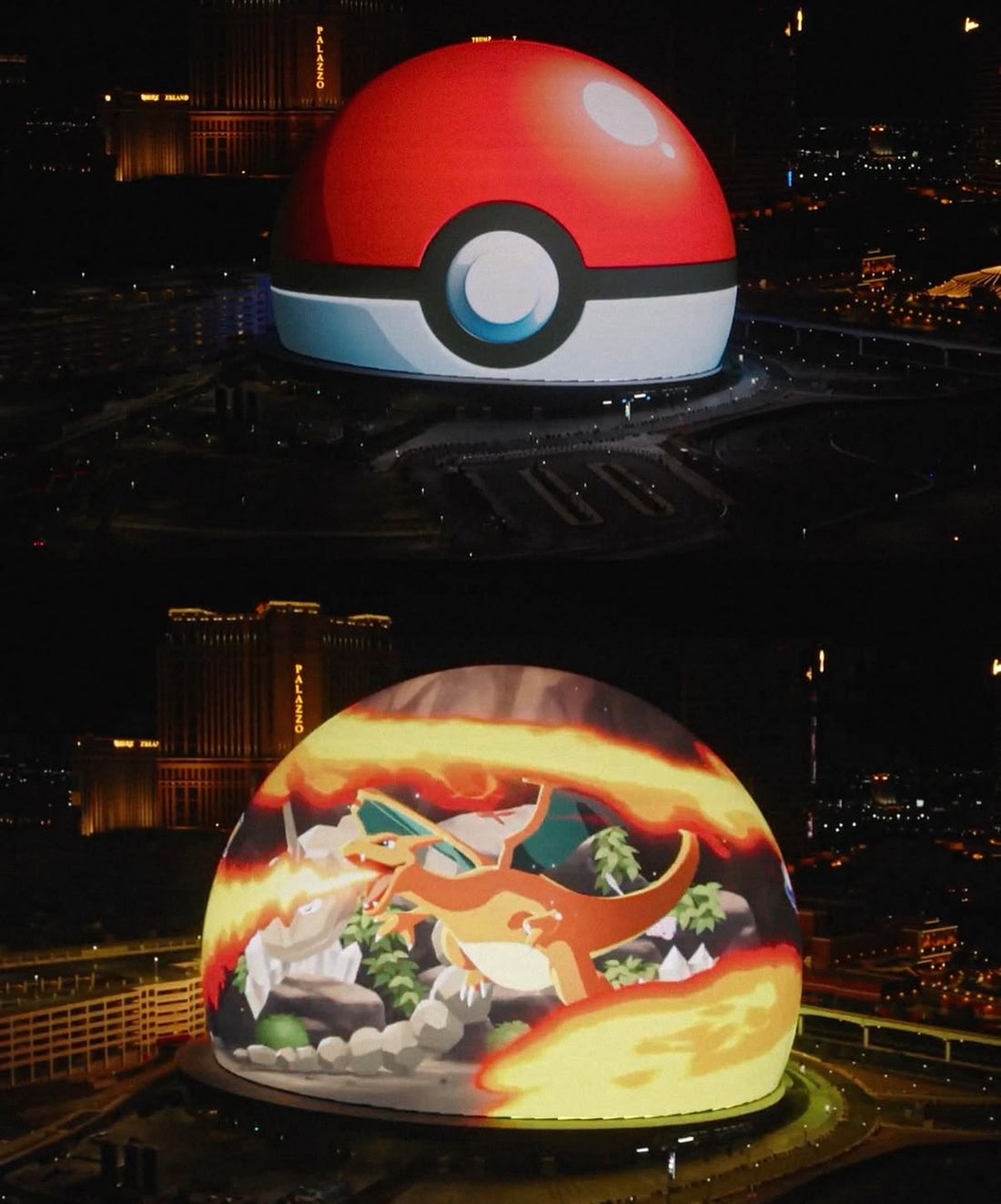 The Las Vegas Sphere lit as a Poké Ball, then showing Charizard, September 2026