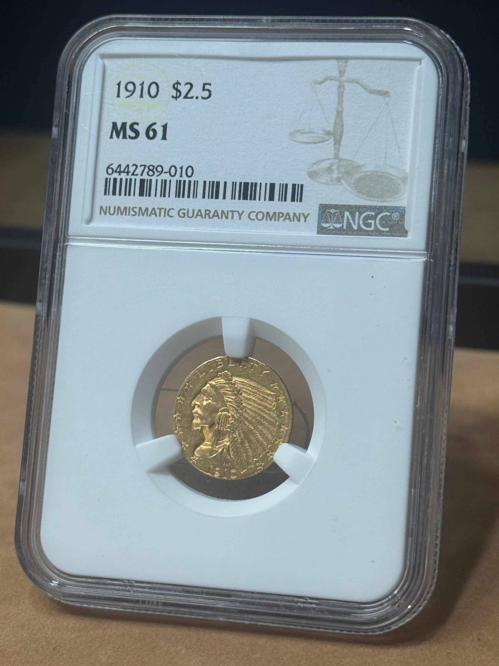 1910 $2.5 Indian Head Gold Quarter Eagle (NGC MS61)