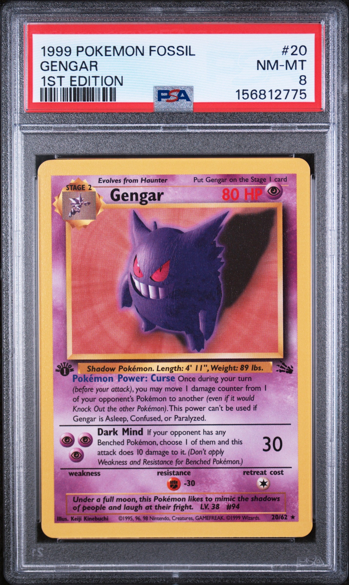 Gengar 1st Edition Pokemon Fossil 20 NM PSA 8
