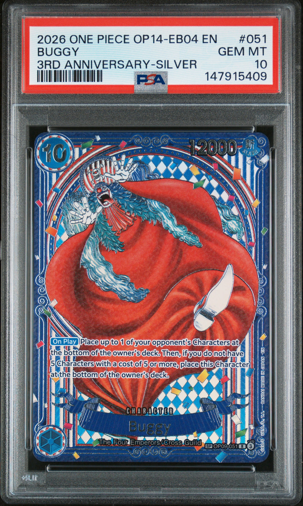Buggy 3rd Anniv-Silver One Piece Op14-Eb04-The Azure Sea'S Seven 051 NM PSA 10