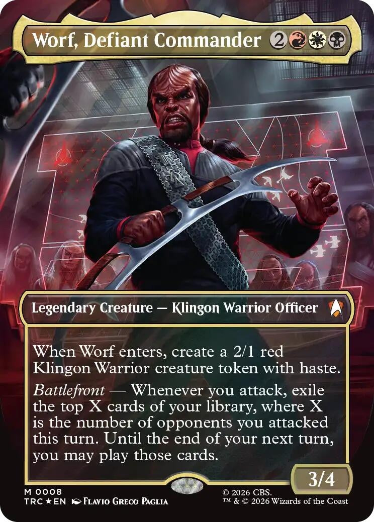 Image for Worf, Defiant Commander (Borderless) (Surge Foil) (8) (TRC) - Magic: The Gathering