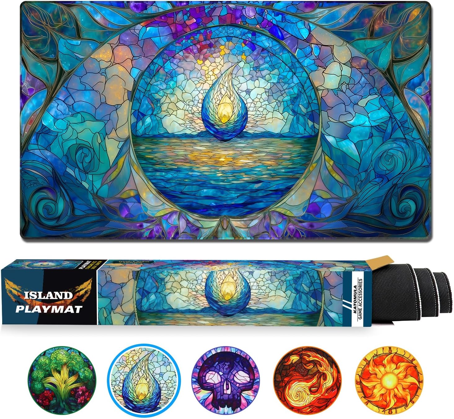 Katomula MTG Playmat, TCG Card Game Playmat, Stitched Edge, Non-Slip Rubber Bottom - 24 x 14 inch - Island