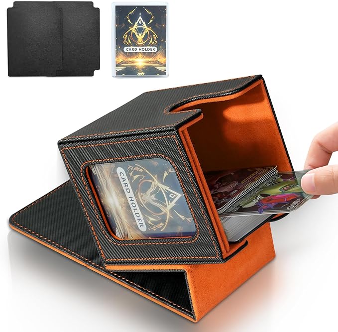 Card Deck Box for MTG Commander, Card Storage Box for Trading Cards, PU Leather Magnetic Card Display Case, Holds 100 Double-Sleeved Cards, Black&Orange