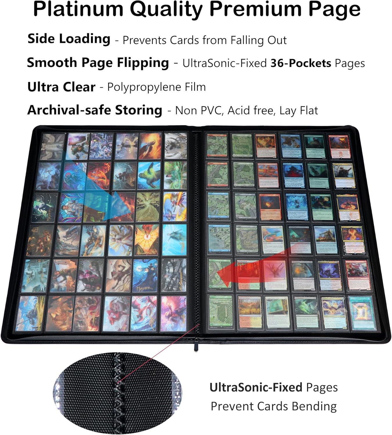 36-Pocket Ringless Trading Card Binder - Holds 2304 Sleeved Cards, Side-Loading Black Pages, Water-Resistant Zipper Album for TCG & Sports