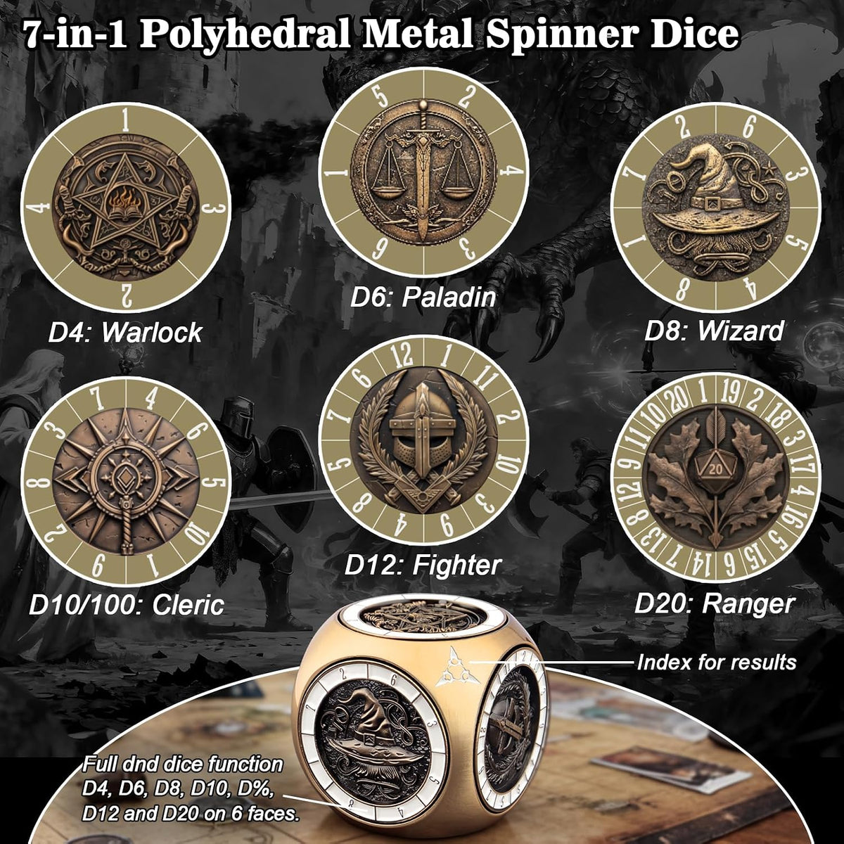 PJOY 7 in 1 DND Dice Set Metal Cube Dice Spinner