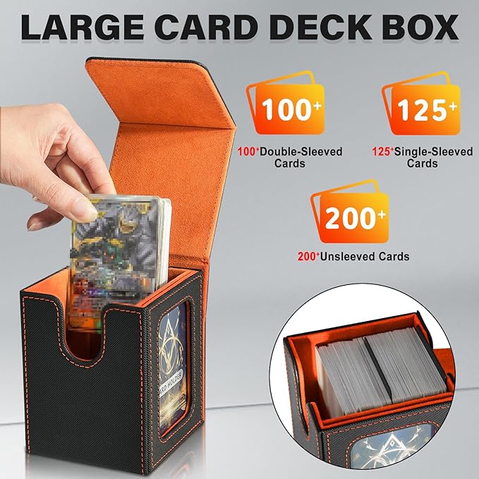 Card Deck Box for MTG Commander, Card Storage Box for Trading Cards, PU Leather Magnetic Card Display Case, Holds 100 Double-Sleeved Cards, Black&Orange