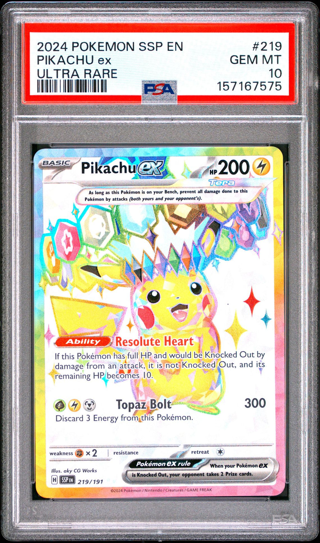 PIKACHU ex ULTRA RARE 2024 POKEMON SSP EN-SURGING SPARKS PSA GEM MT 10