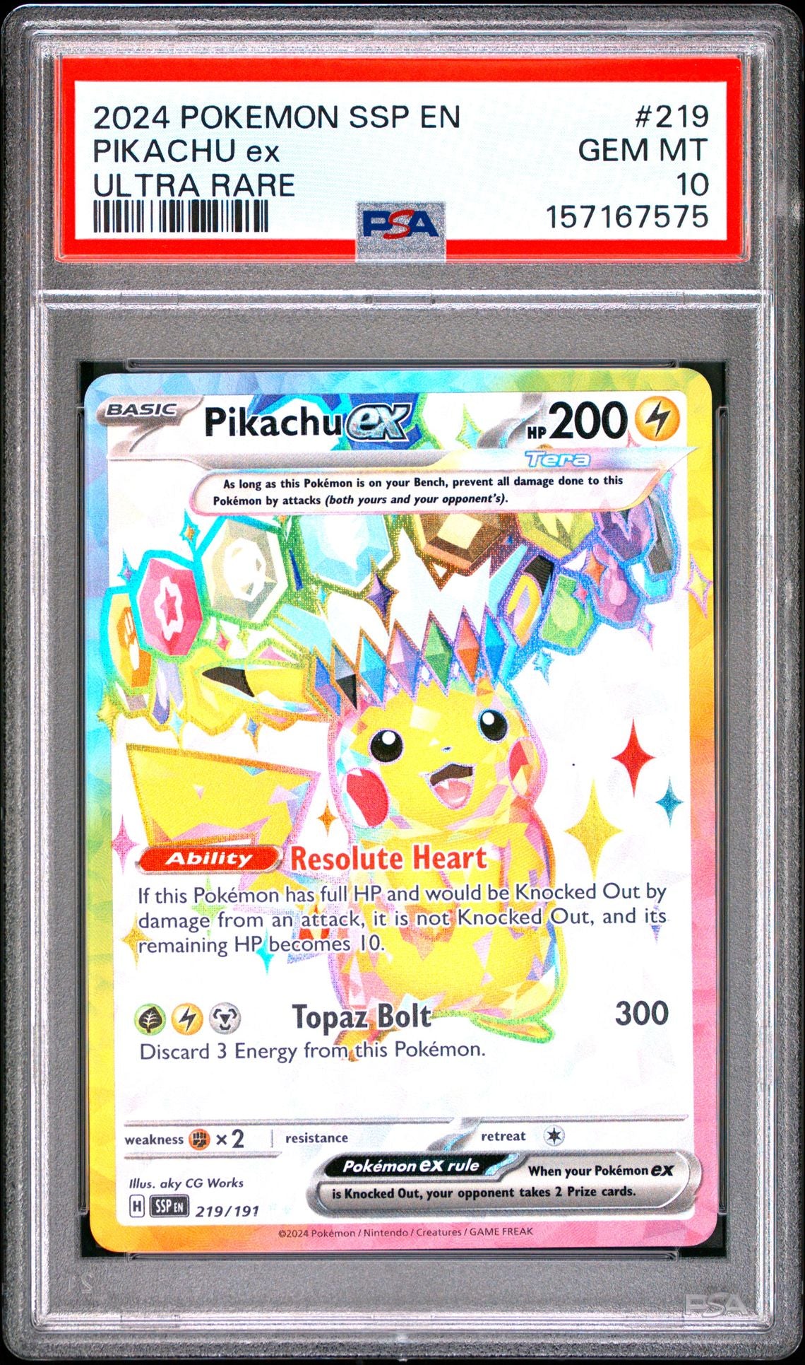 PIKACHU ex ULTRA RARE 2024 POKEMON SSP EN-SURGING SPARKS PSA GEM MT 10