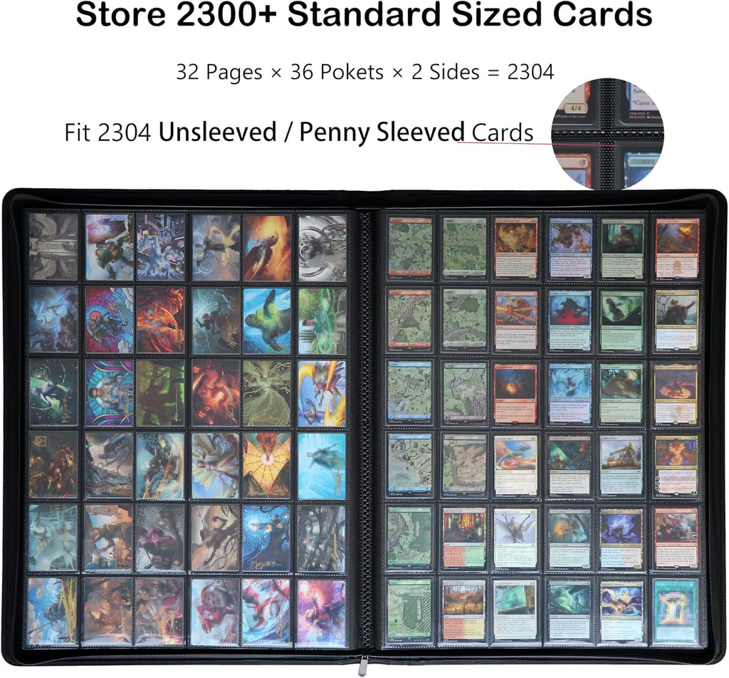 36-Pocket Ringless Trading Card Binder - Holds 2304 Sleeved Cards, Side-Loading Black Pages, Water-Resistant Zipper Album for TCG & Sports