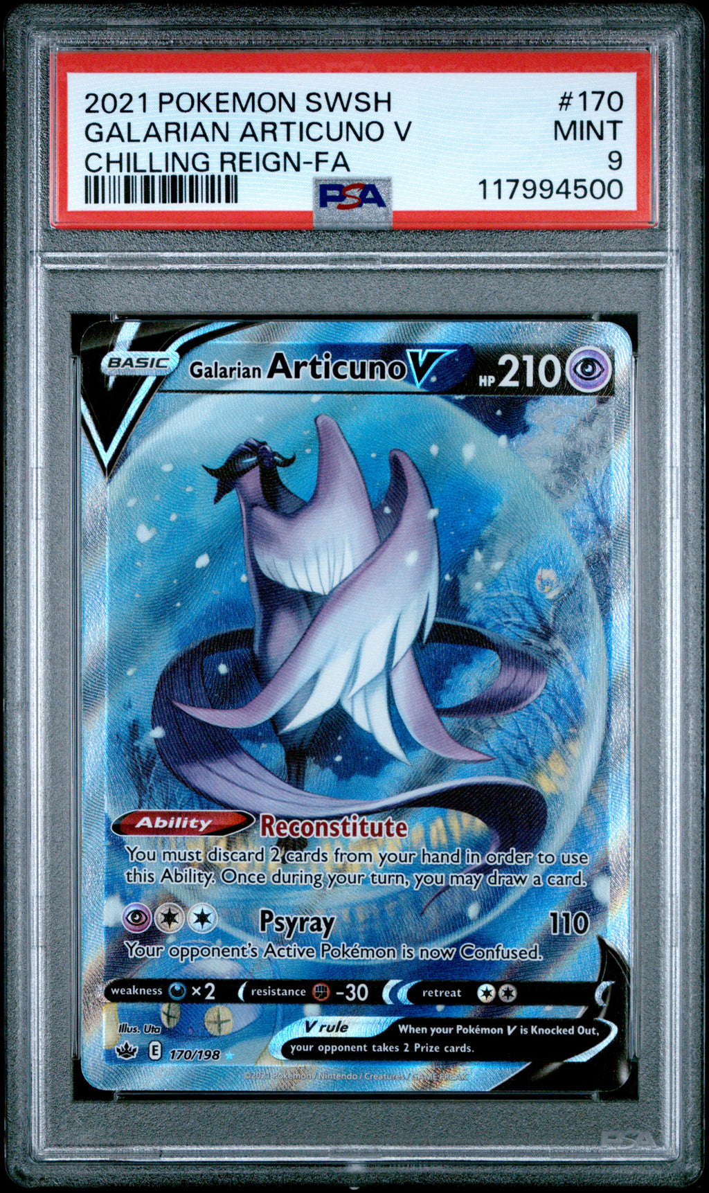 Galarian Articuno V Chilling Reign-Fa Pokemon SWSH Chilling Reign 170 PSA 9