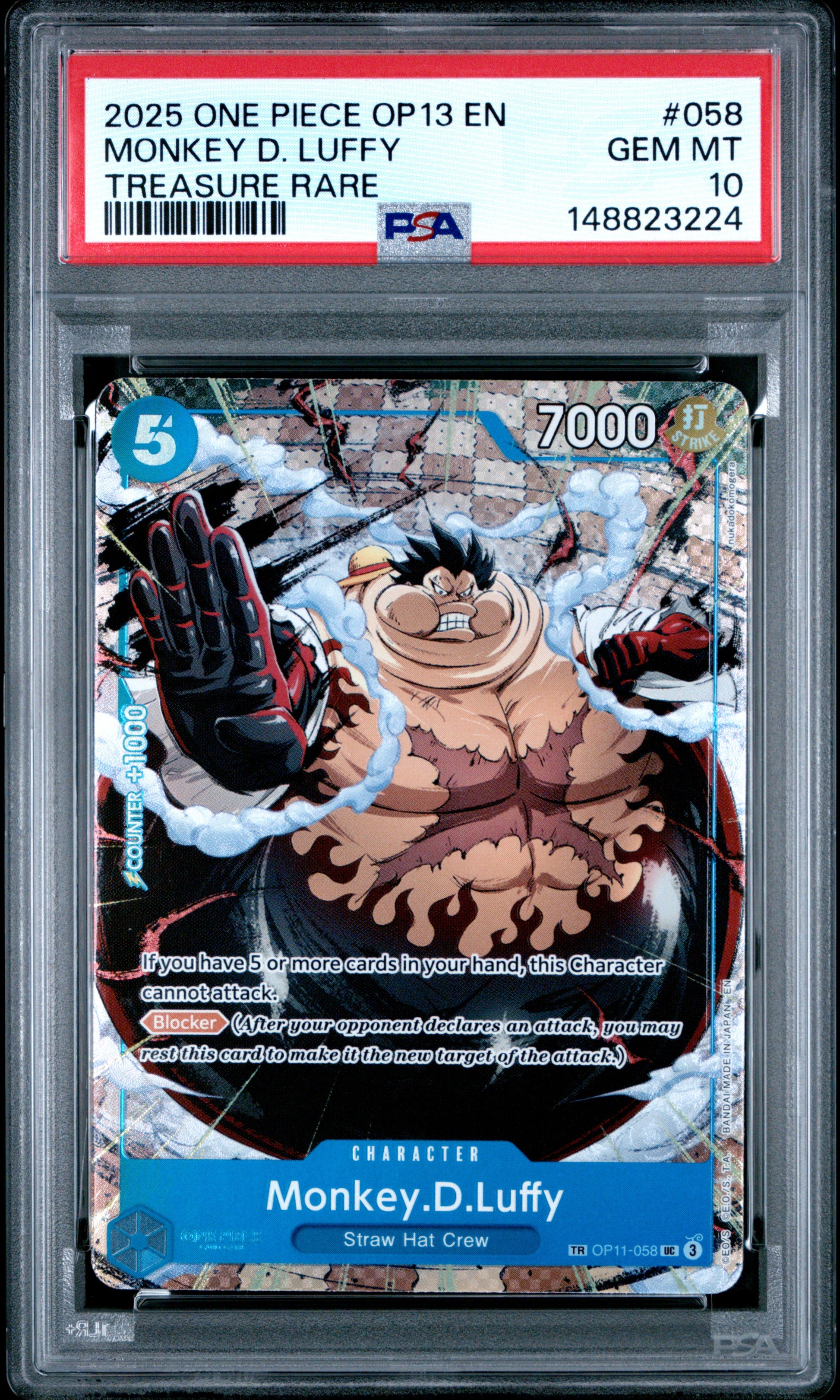 Monkey D. Luffy Treasure Rare One Piece Op13-Carrying On His Will 058 NM PSA 10