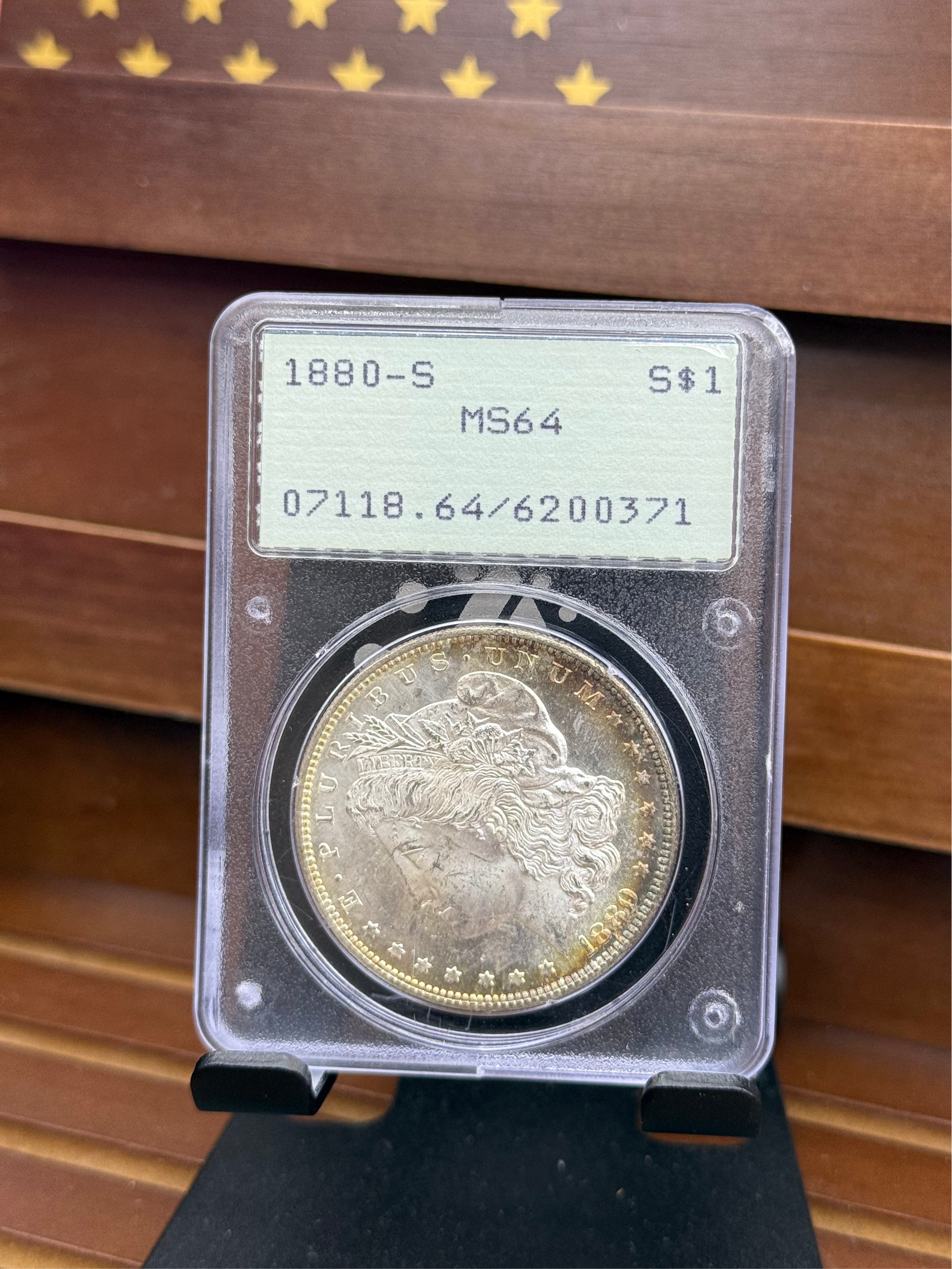 1880-S Morgan Silver Dollar – MS64 – PCGS Rattler Case
