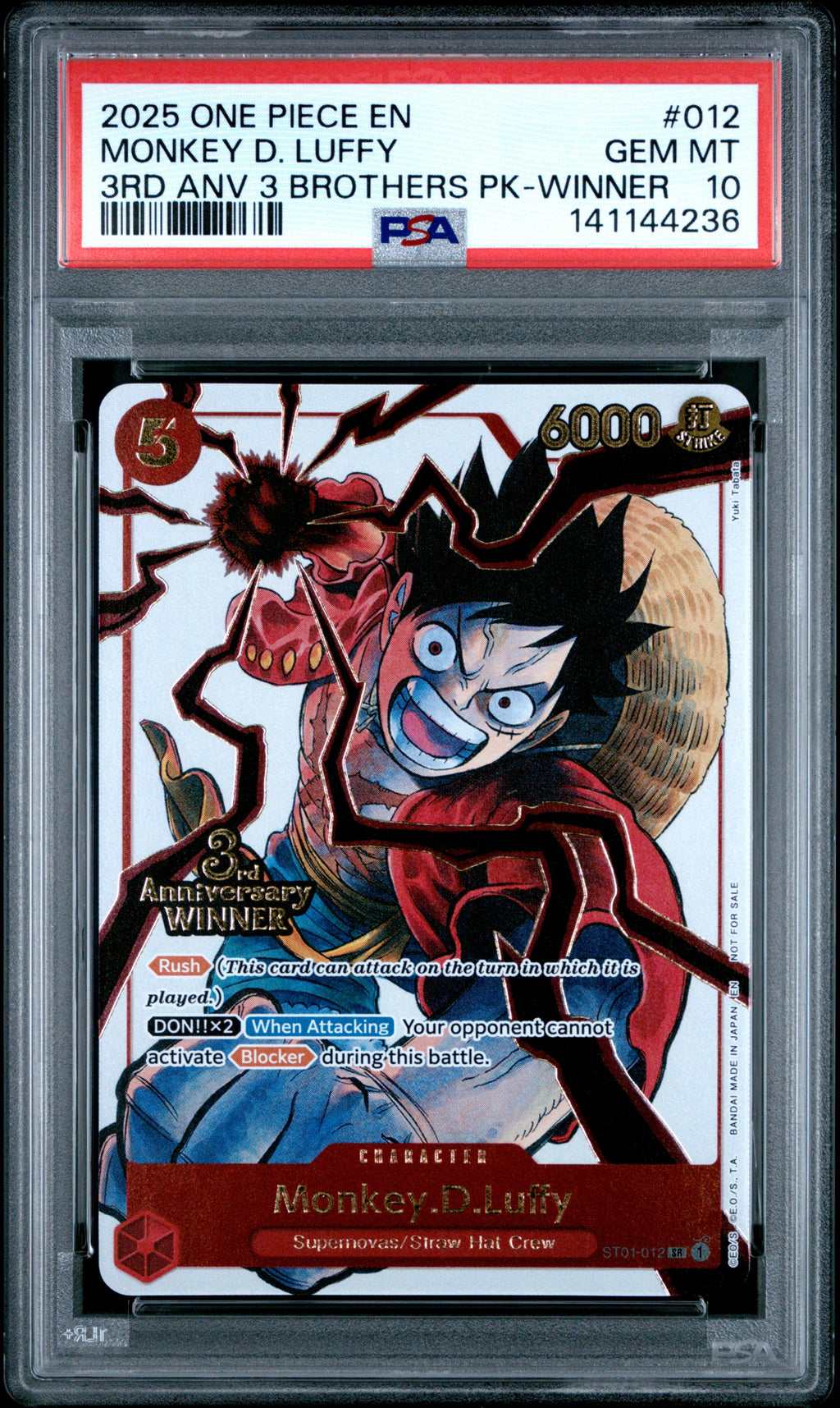 Monkey D. Luffy 3rd Anv 3 Brothers Pk-Winner One Piece Tourney PSA 10