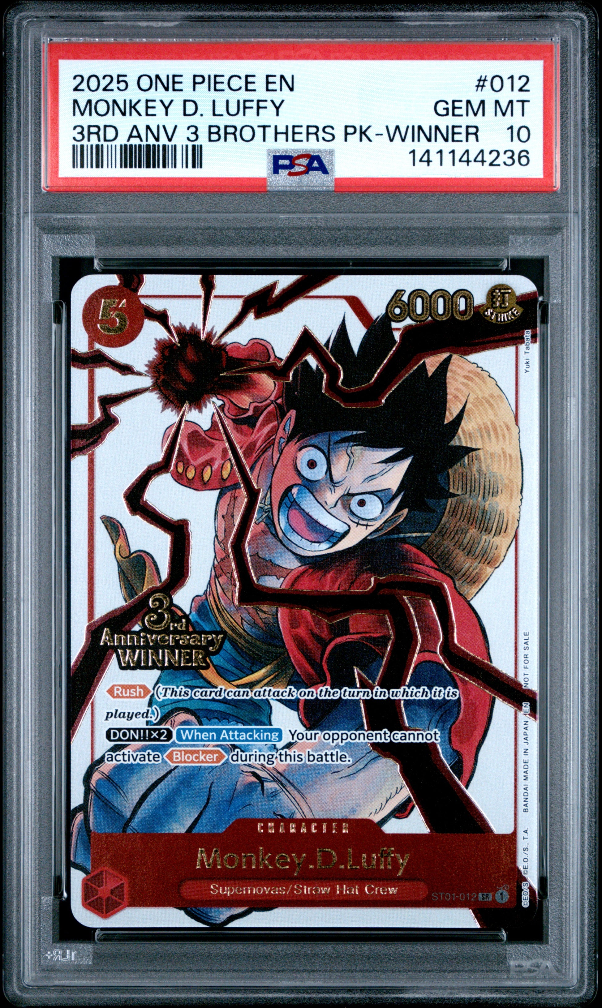 Monkey D. Luffy 3rd Anv 3 Brothers Pk-Winner One Piece Tourney PSA 10