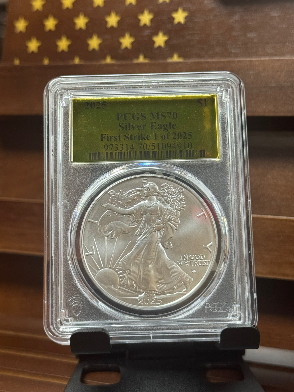 PCGS MS70 Silver Eagle First Strike 1 of 2025 Gold Label