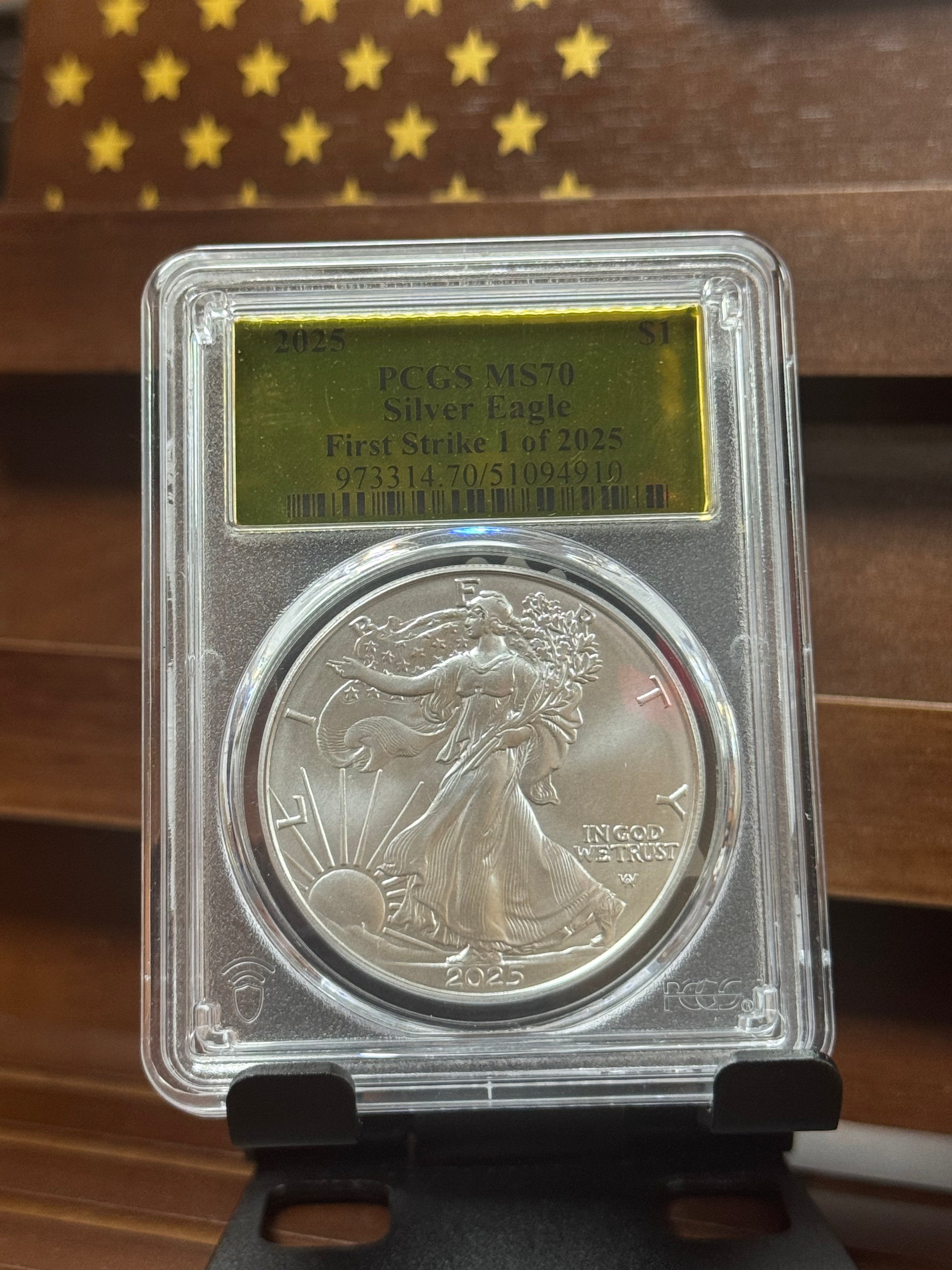PCGS MS70 Silver Eagle First Strike 1 of 2025 Gold Label