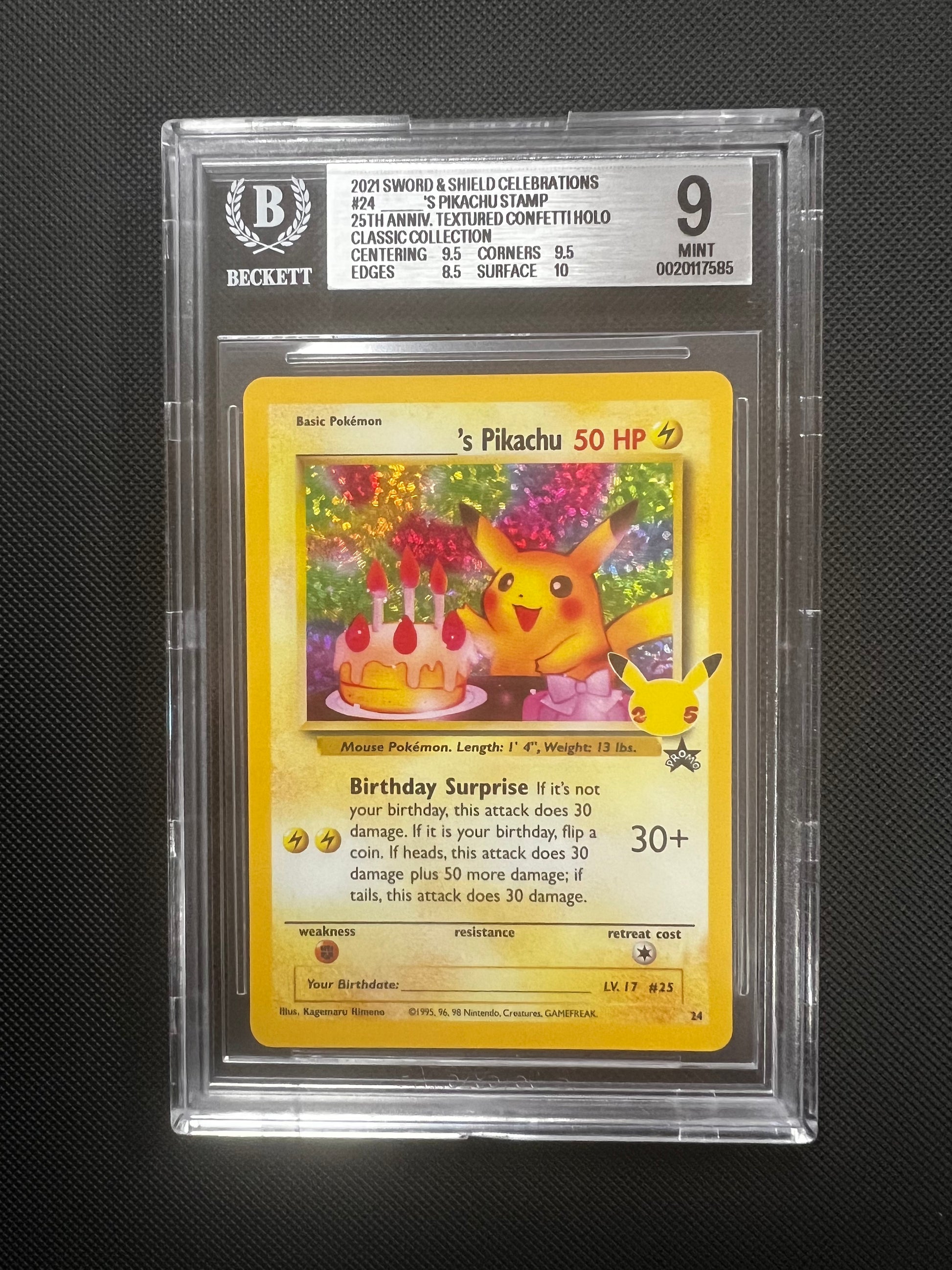 2021 _____'s Pikachu STAMP [25th Anniversary] TEXTURED CONFETTI HOLO /(Classic Collection) Pokemon TCG Sword & Shield Celebrations BVG 9.0