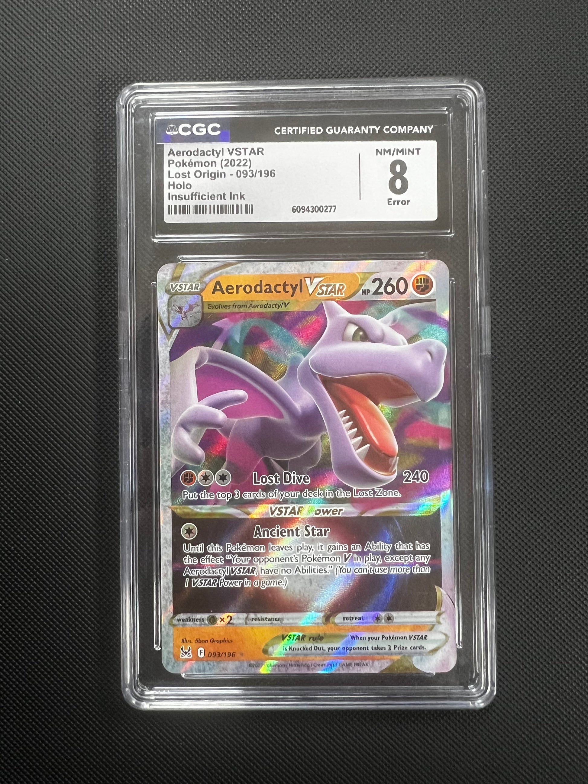 Aerodactyl VSTAR Insufficient Ink error, Holo 2022 Lost Origin PSA 8