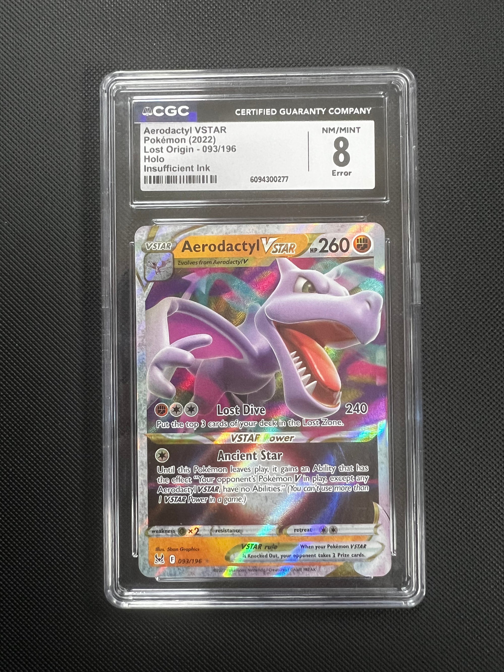 Aerodactyl VSTAR Insufficient Ink error, Holo 2022 Lost Origin PSA 8