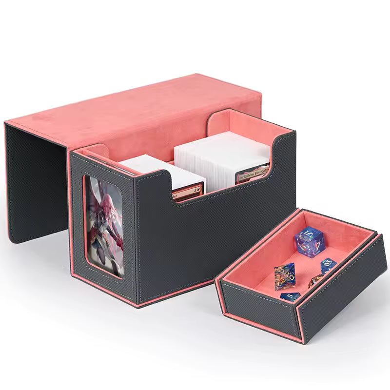 Card Deck Box with Display Window, Deck Box with Dice Tray For 200 Double-Sleeved Cards