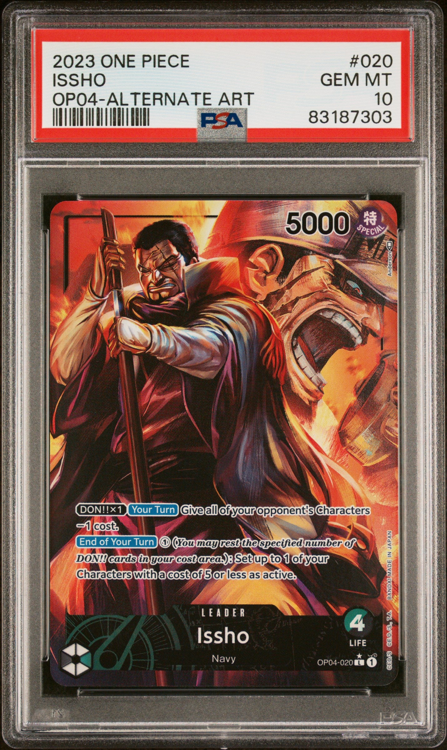 ISSHO ALTERNATE ART 2023 ONE PIECE OP04-KINGDOMS OF INTRIGUE PSA GEM MT 10
