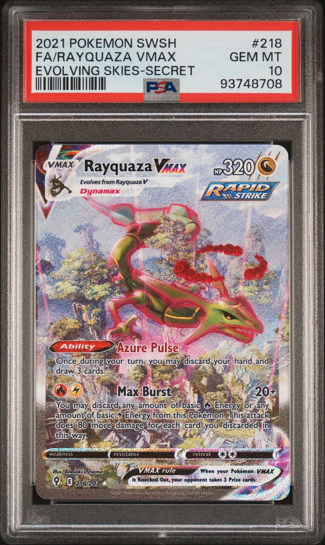 FA/RAYQUAZA VMAX EVOLVING SKIES-SECRET 2021 POKEMON SWORD & SHIELD EVOLVING SKIES PSA GEM MT 10
