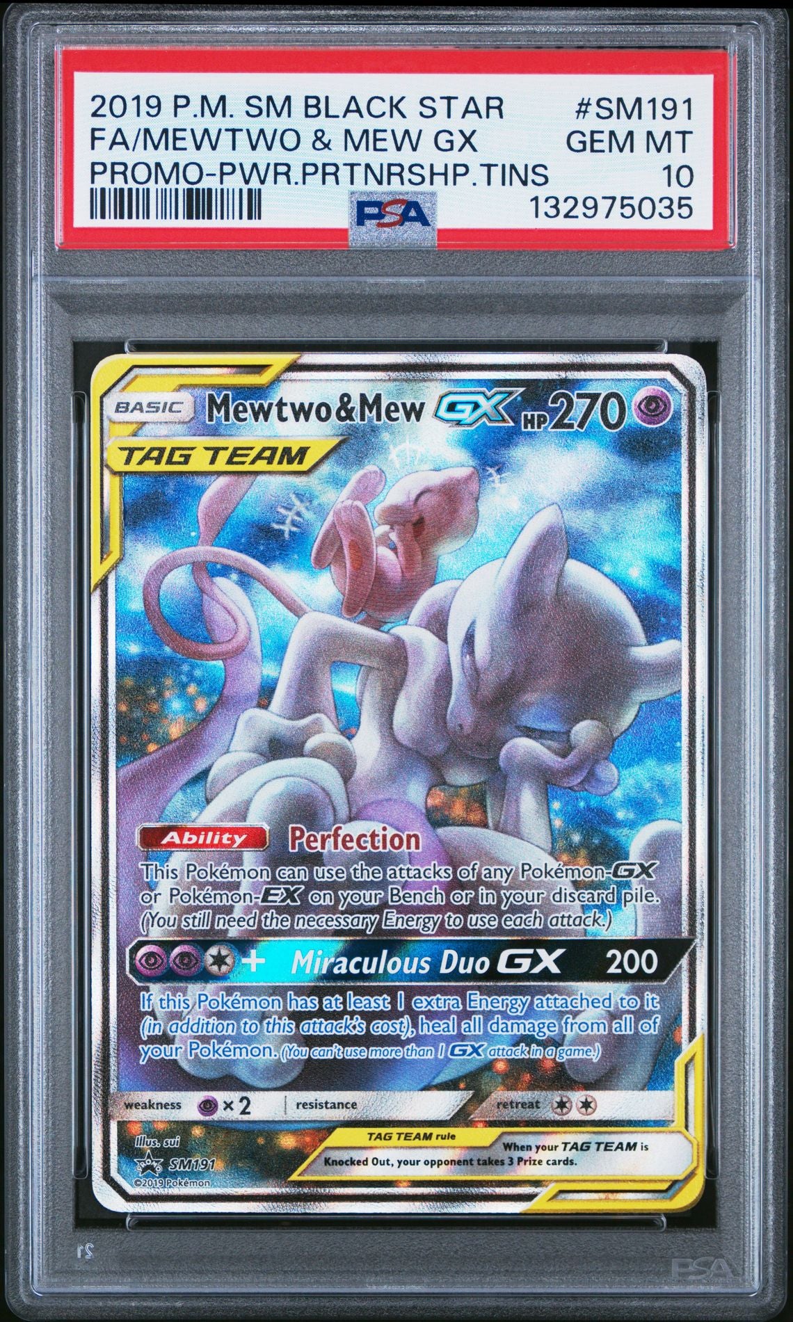 FA/MEWTWO & MEW GX PROMO-PWR.PRTNRSHP.TINS 2019 POKEMON SM BLACK STAR PROMO PSA GEM MT 10
