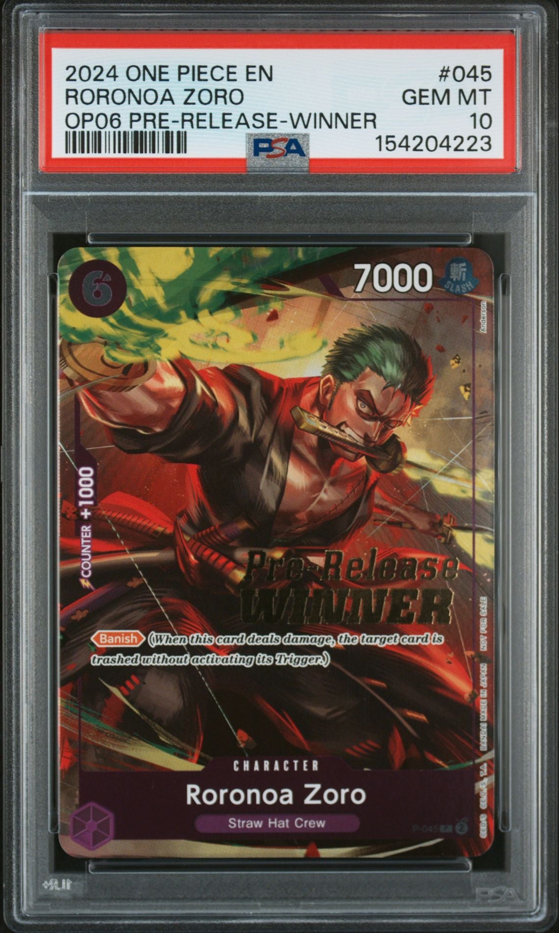 RORONOA ZORO OP06 PRE-RELEASE-WINNER 2024 ONE PIECE PROMOS PSA GEM MT 10