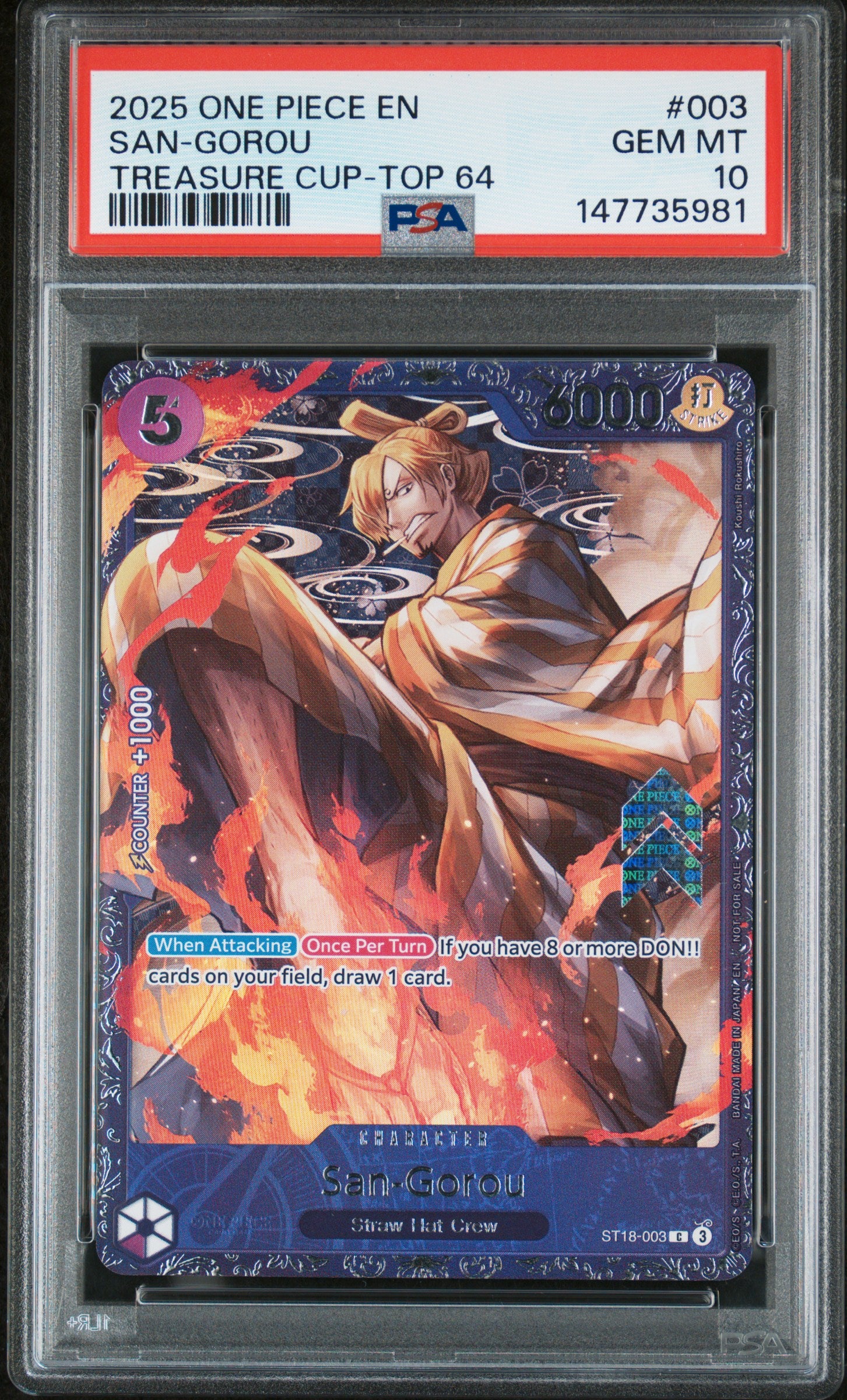 San-Gorou Treasure Cup-Top 64 One Piece Promos 003 NM PSA 10
