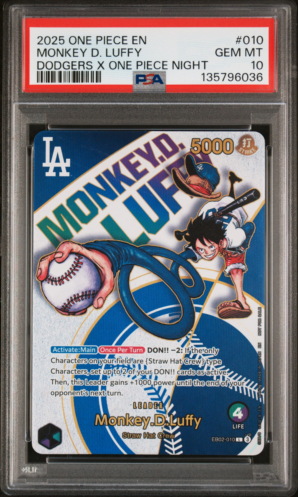 Monkey D. Luffy Dodgers X One Piece Night One Piece Promos 010 NM PSA 10