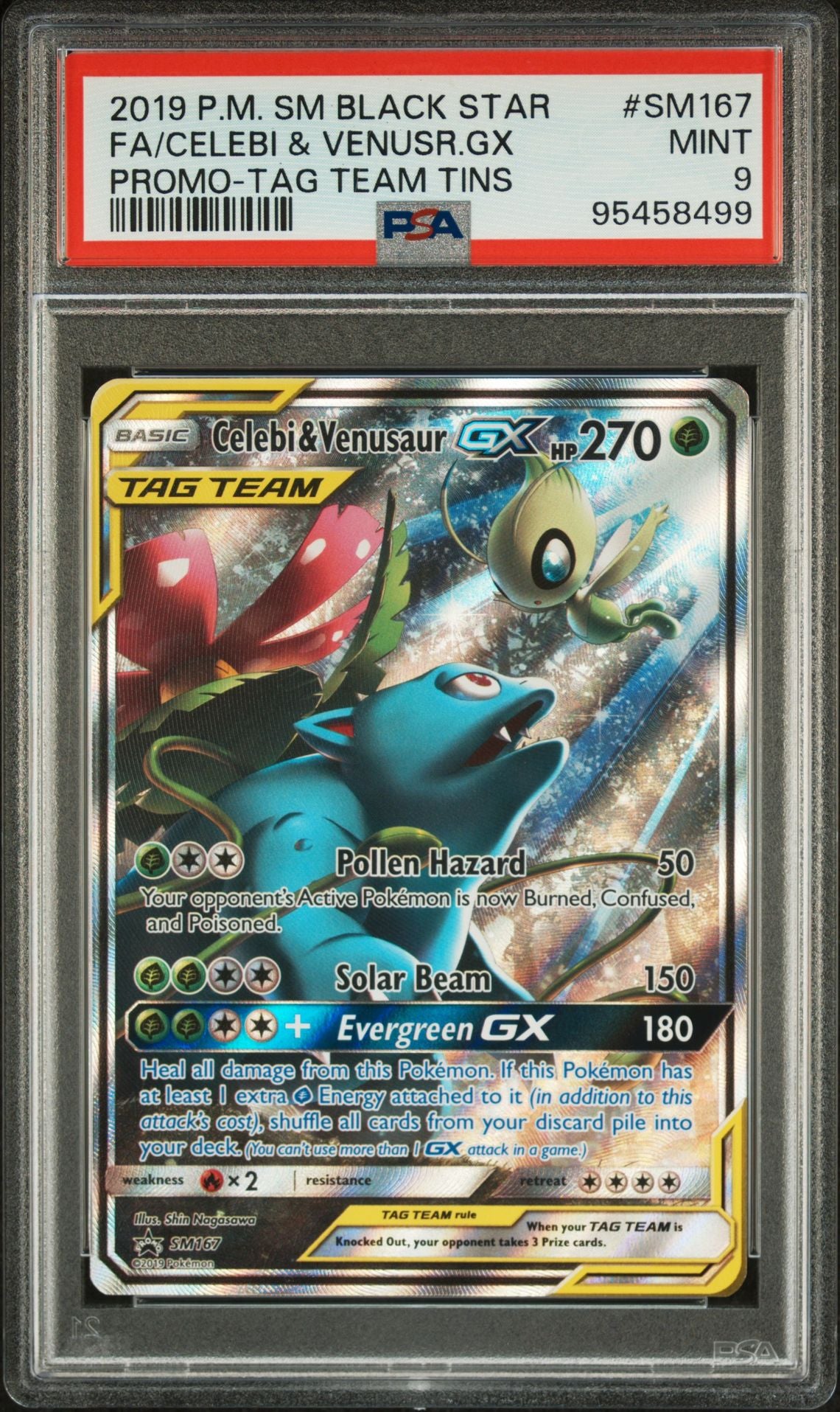 FA/CELEBI & VENUSR.GX PROMO-TAG TEAM TINS 2019 POKEMON SM BLACK STAR PROMO PSA MINT 9