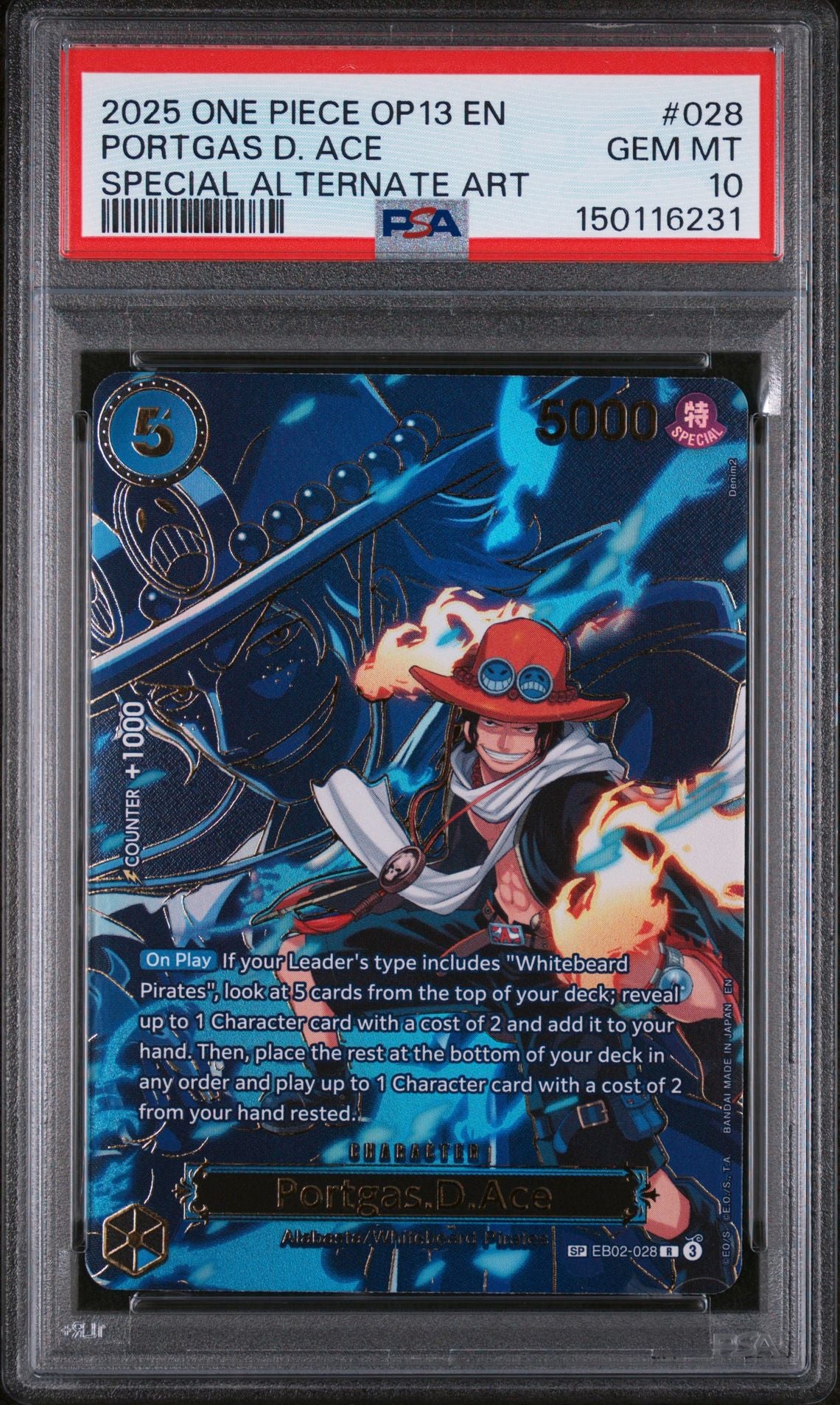 PORTGAS D. ACE SPECIAL ALTERNATE ART 2025 ONE PIECE OP13-CARRYING ON HIS WILL PSA GEM MT 10