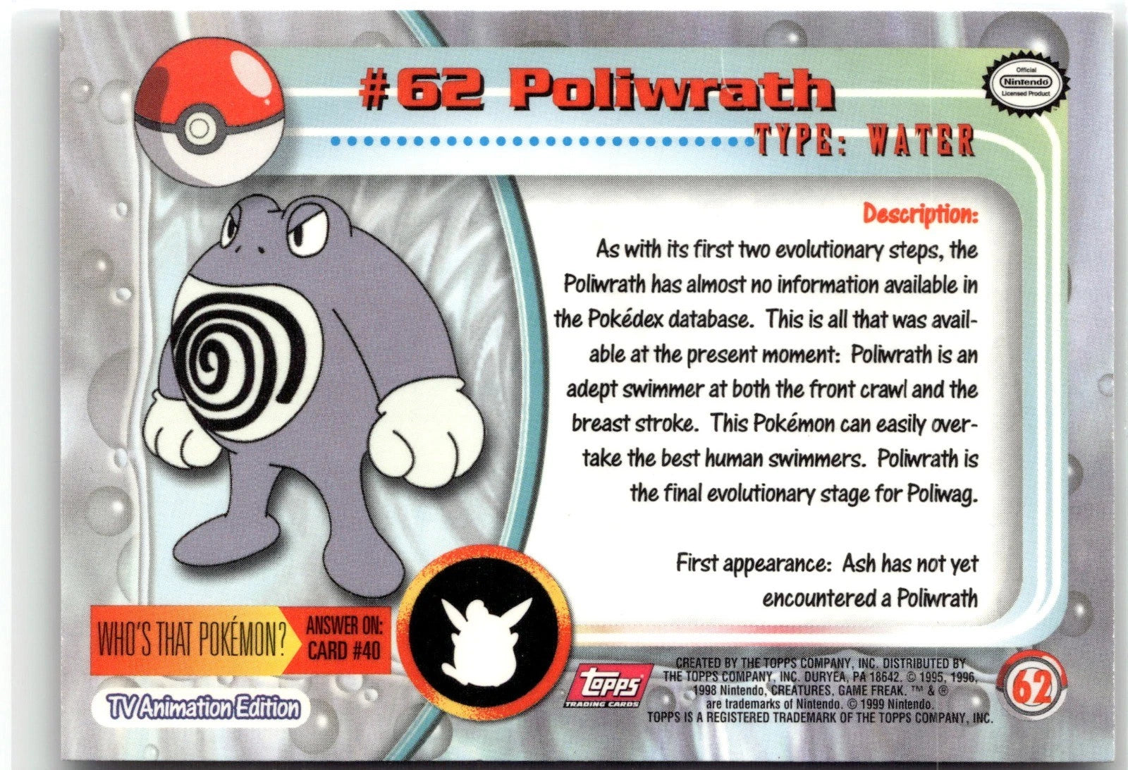 Topps Chrome Pokemon TV Animation Poliwrath #62 Card