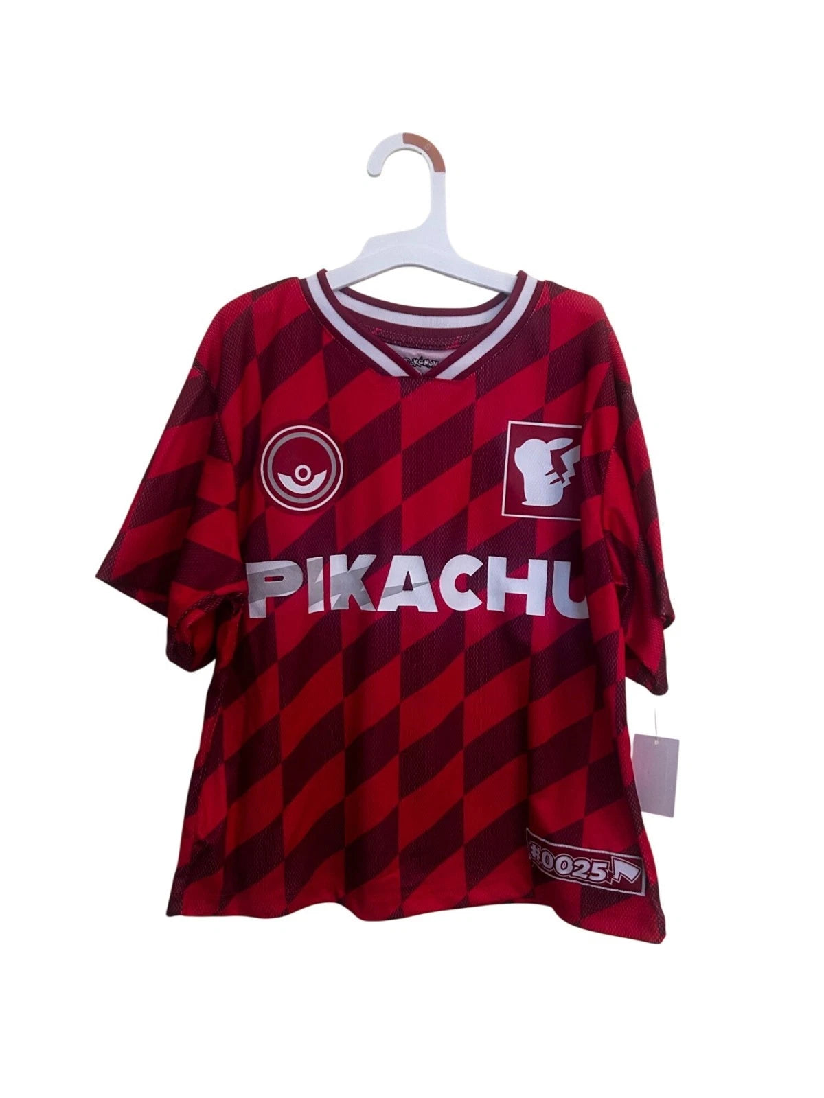 Pokemon Pikachu #0025 Soccer Jersey Red & Black Checkered Short Sleeve Kids