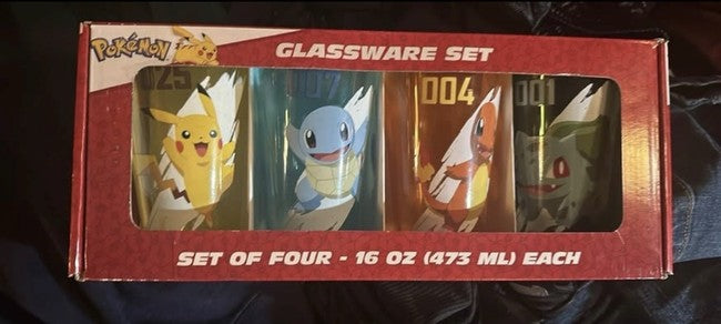 4 Pc Glass Pokemon Gen 1 16 Oz Cups Pikachu, Charmander, Squirtle, And Bulbasaur